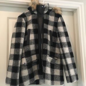 Joie gingham wool jacket with faux fur hood